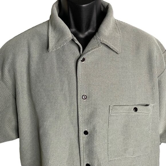 Vintage 90s Adolfo Button Up Club Shirt L Grey Black Texture Short Sleeve Pocket - Picture 2 of 6